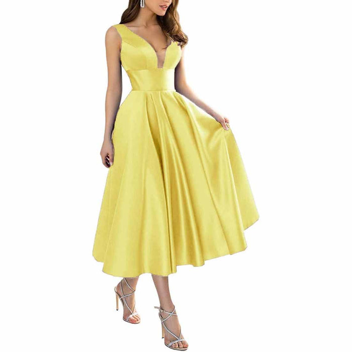 Women's Satin Bridesmaid Dresses A-line Tea Length Formal Evening Dress with Pockets