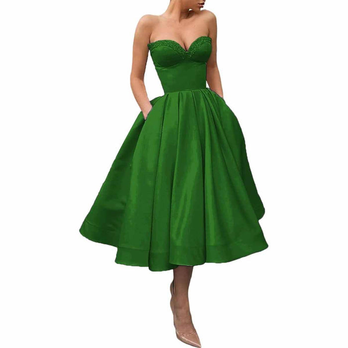 Women's Short Prom Dresses Ruched A-line Satin Tea Length Formal Evening Party Dress with Pockets
