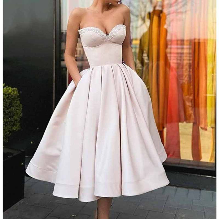 Women's Short Prom Dresses Ruched A-line Satin Tea Length Formal Evening Party Dress with Pockets