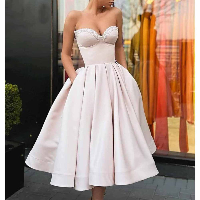 Women's Short Prom Dresses Ruched A-line Satin Tea Length Formal Evening Party Dress with Pockets