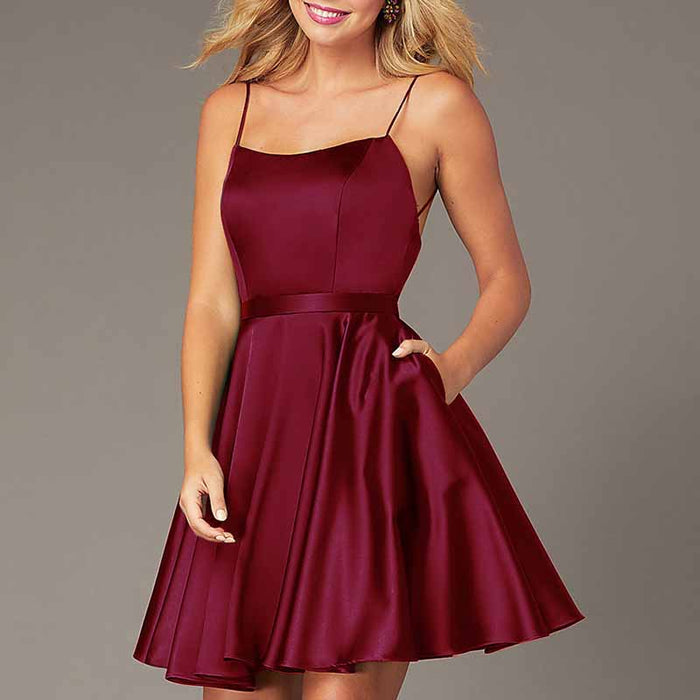 Womens Sleeveless Spaghetti Straps A-Line Mini Homecoming Dress Cocktail Dress