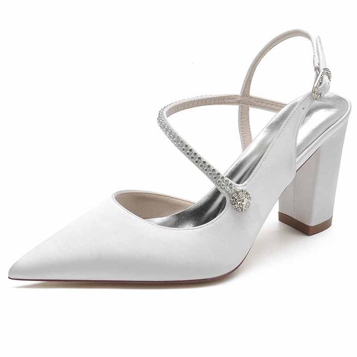 Women's strappy satin wedding heels with elegant design and block heel for comfort