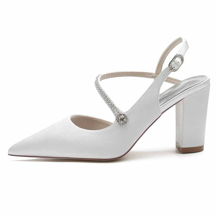 Elegant women's strappy satin wedding heels in white with stylish block heel design